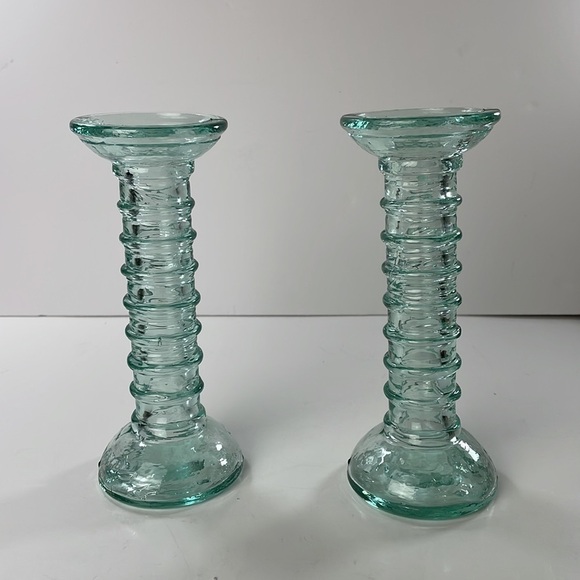 La Mediterranea Recycled Aqua Coloured Glass Candle Stick Holders Pair - Picture 3 of 12